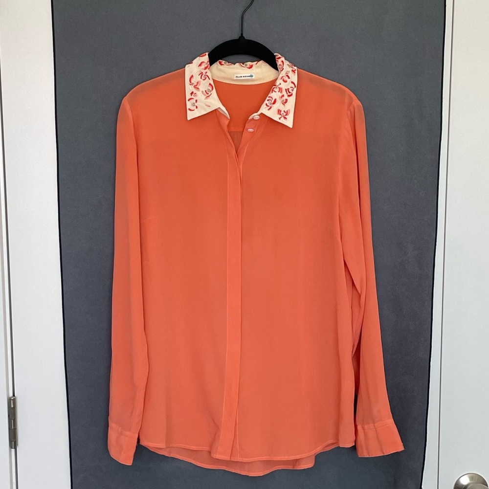Club Monaco Coral Silk Blouse with Embroidered Collar - Size Medium